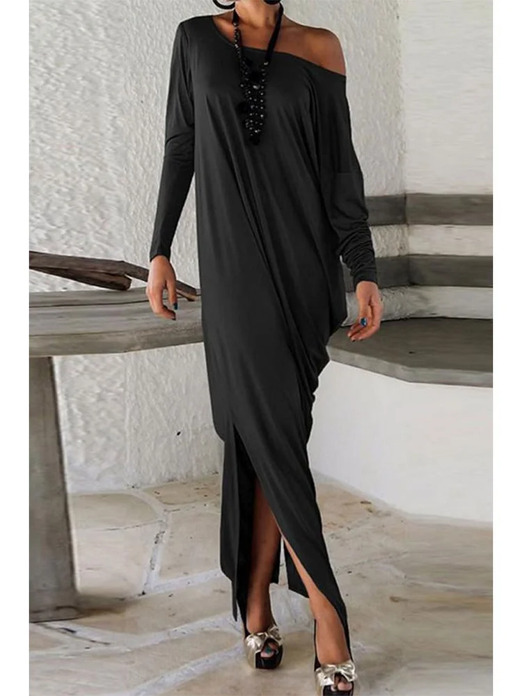 Sexy Sloping Shoulder Solid Color Slit Long Dress P14690