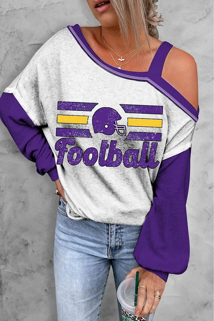American Football Helmet Graphic Cold Shoulder Asymmetrical Neck Casual Tops