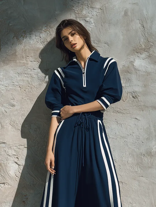 Women's Casual Short-sleeve Maxi Dress In Navy Blue Sweatshirt Fabric MD
