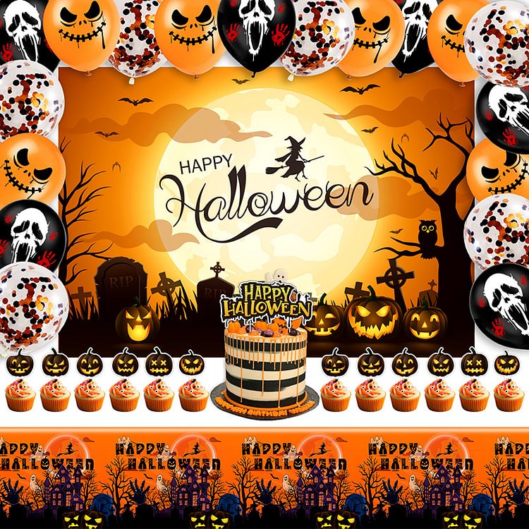 Halloween Party Set Pumpkin 12 Inch Balloon Size Cake Insert Card Tablecloth Background Cloth Decoration