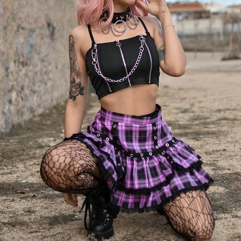 Insgoth Punk Y K Purple Mini Skirt Mall Goth High Waist Plaid Pleated