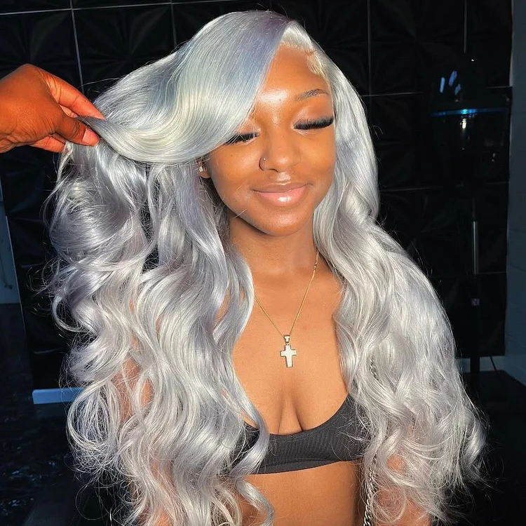Body Wave Silver Gray 200% Density 12A+ Virgin Human Hair Transparent Lace Front Wig