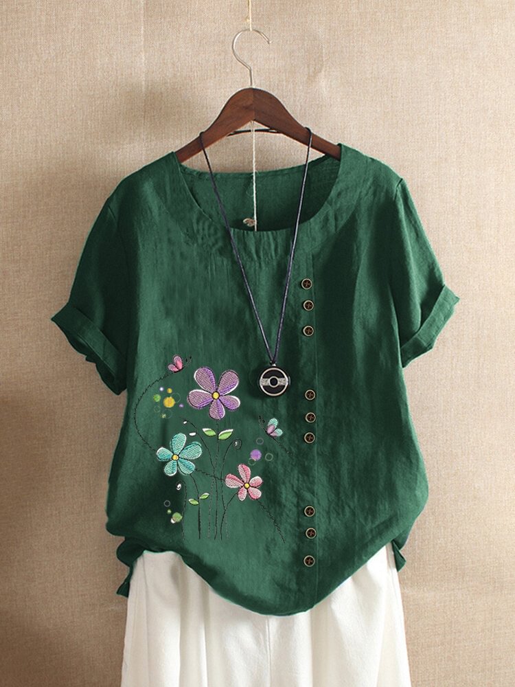 Floral Embroidery Short Sleeve O neck Button T shirt P1668438