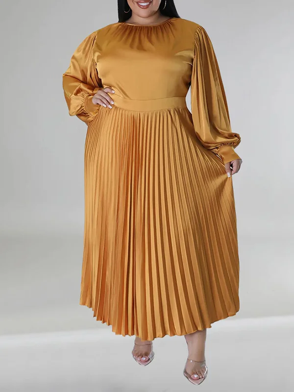 Pleated Solid Color Bishop Sleeve High Waisted Round-Neck Maxi Dresses