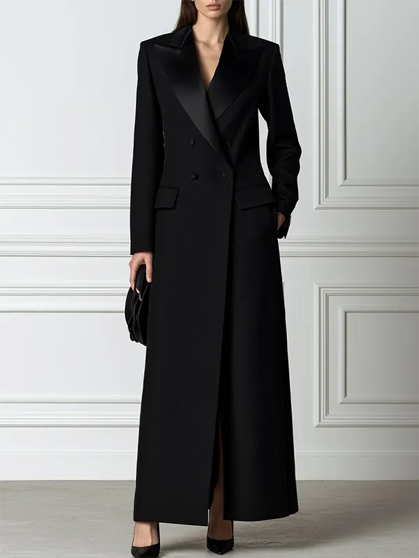 ジャケット・アウター SATIN PEAK LAPEL LONG COAT Black Satin Peak-Lapel Double-Breasted Fitted Maxi Tailored Coat