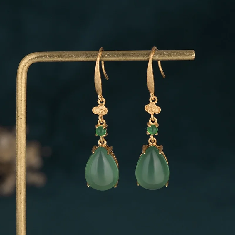 Chinese Style Retro  Jade Earrings Cheongsam Palace Jewelry Ancient Gold Craft Auspicious Cloud Water Drop Green Jade Earrings Perfect Gift For Her