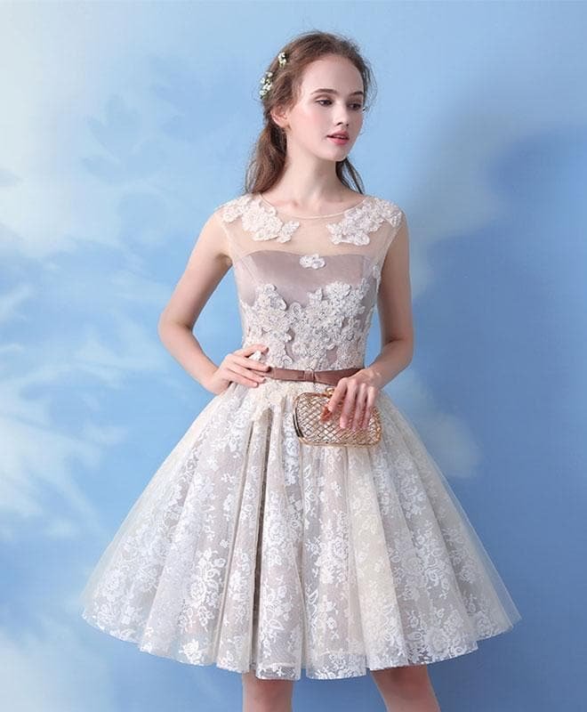 Cute Round Neck Lace Short Prom Dress, Lace Evening Dress