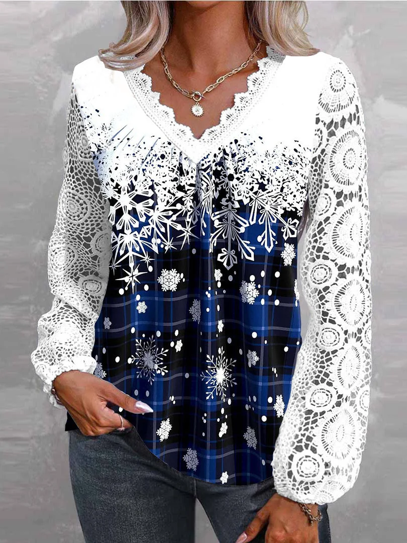Women Long Sleeve V-neck Snowflake Graphic Lace Christmas Tops