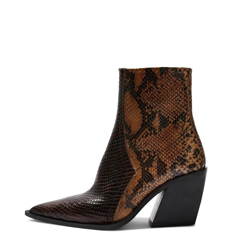 TAAFO Brown Snake Print High Chunky Heels Woman Ankle Boots Pointed Toe Zip Ladies Booties Shoes 