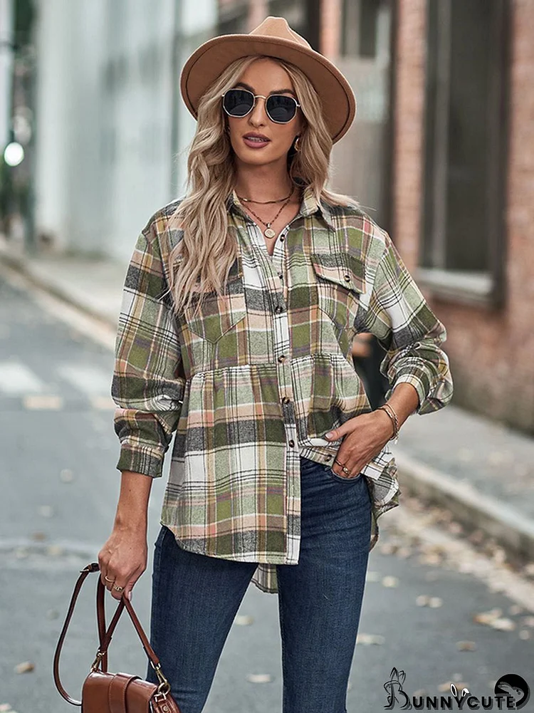 Vintage Loose Checkered Lapel Blouses&Shirts Tops
