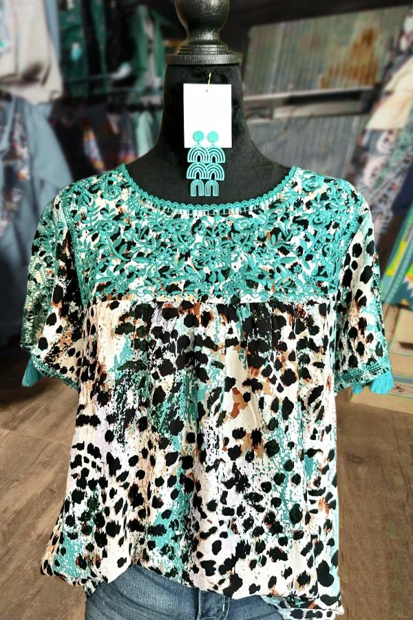 Leopard Print Floral Embroidered Short Sleeve Top