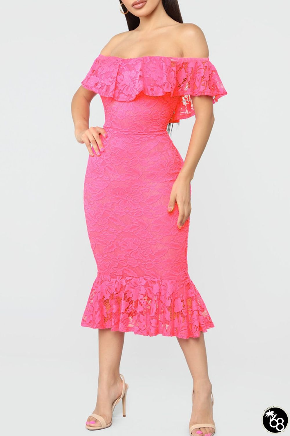 Pink Sexy Off Shoulder Hollow Out Lace Dress | 168DEAL