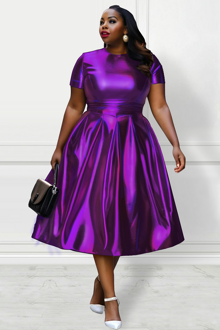 Xpluswear Design Plus Size Party Midi Dresses Elegant Purple   Crew Neck Short Sleeve Fold A-Line Metallic Glitter Fabric Midi Dresses