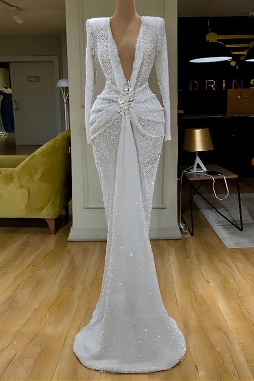 Sexy White Plunging Long Sleeve Evening Dress - BlackFridayBuys