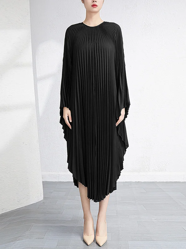 Batwing Sleeves Loose Pleated Solid Color Maxi Dresses