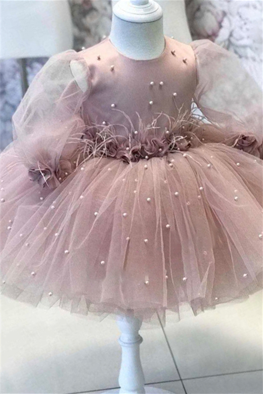 Dresseswow Dusty Pink Tulle Sleeves Flower Girl Dress With pearls