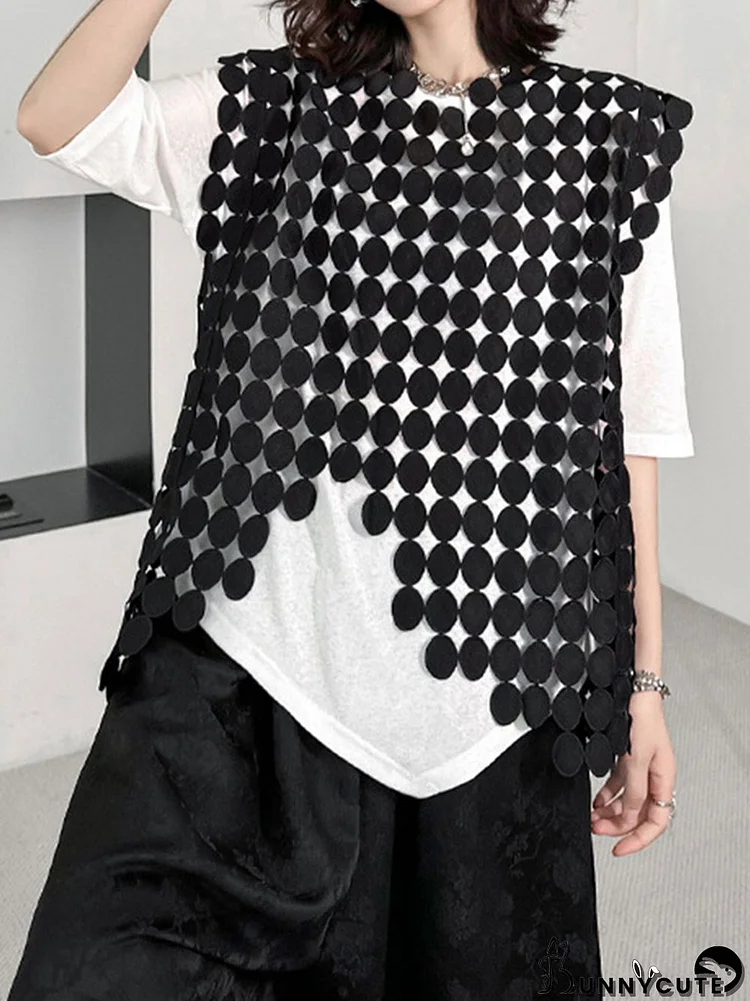 Irregular Clipping Loose Hollow Solid Color Split-Joint Round-Neck Vest Top