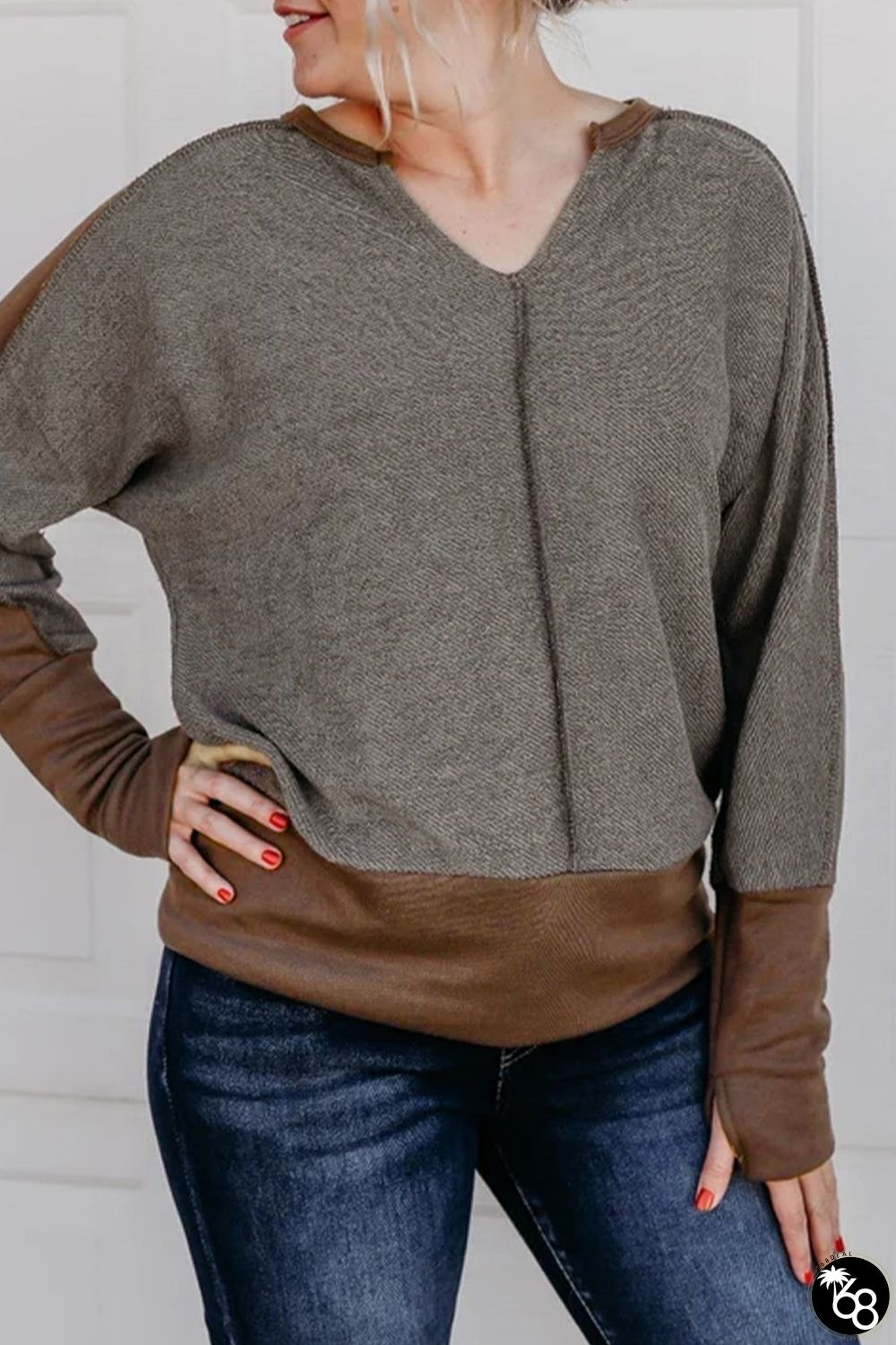 Brown Contrast Patchwork Thumbhole Sleeve Top | 168DEAL