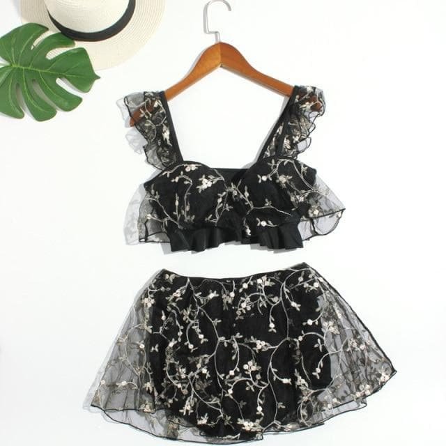 Cute Black/Pink Printed Lace Swimsuit SS1158