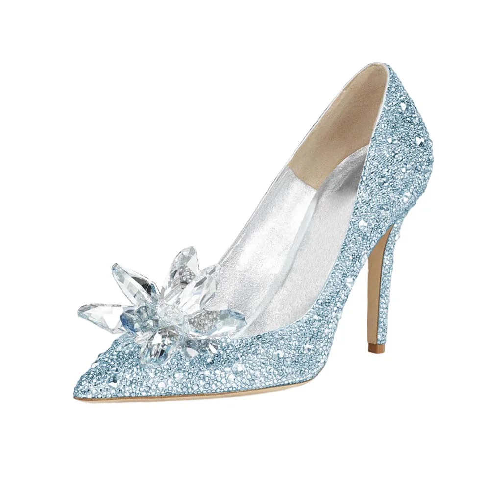 Light Blue Sparkling 4 Inch Heels Pointed Toe Pumps with Gems Nicepairs