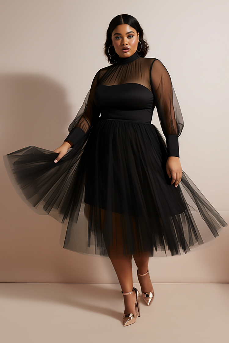 Xpluswear Design Plus Size Party Midi Dresses Elegant Black   Mock Neck Tiered Tulle Long Sleeve See Through Mesh Midi Dresses