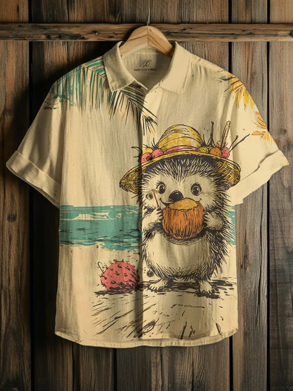 Men's Hedgehog Vacation Tropical Fruit Art Print Short Sleeve Shirt