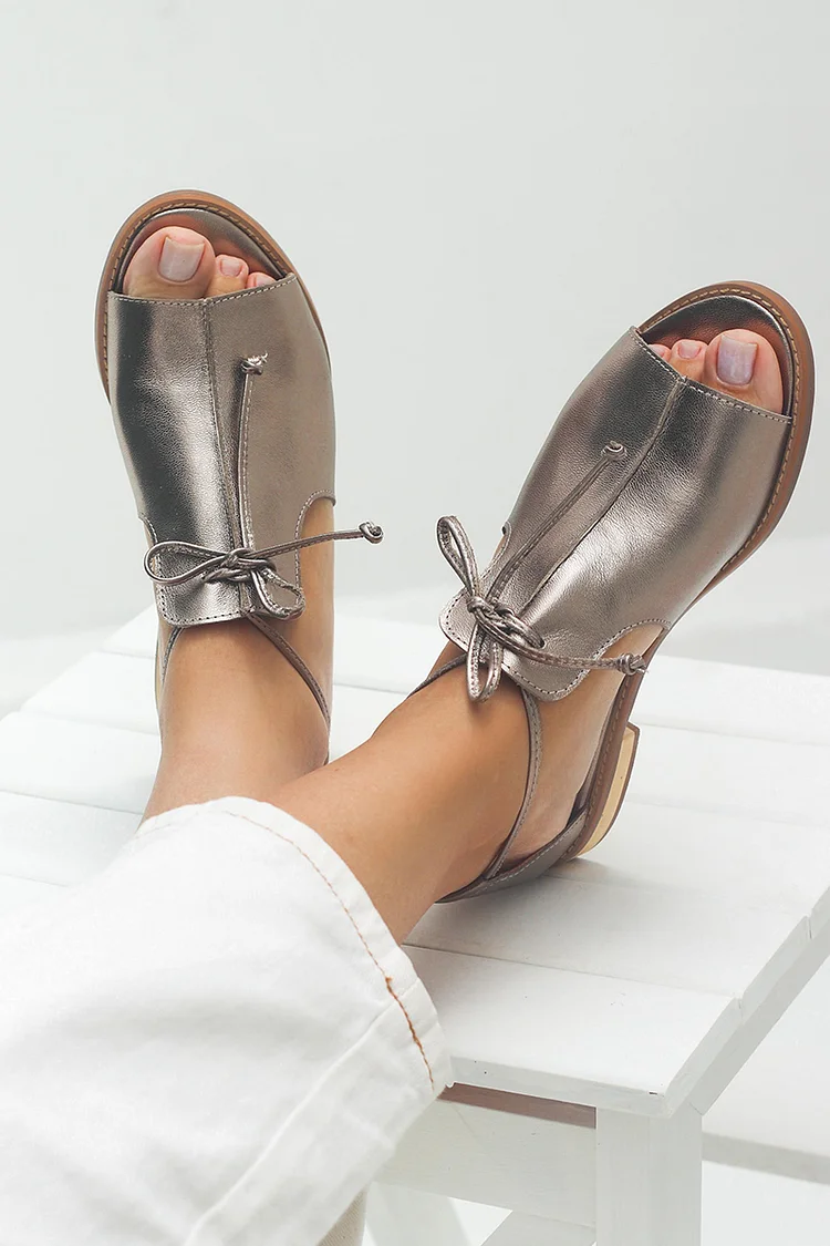 Metallic Sheen Patchwork Tie Up Peep Toe Chunky Heels Silver Sandals