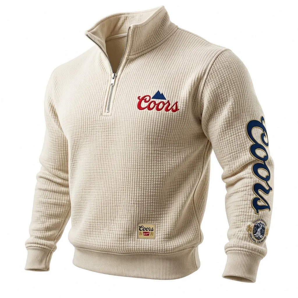 Premium Waffle-Knit Quarter-Zip Pullover Sweater – Vintage & Sleeve Embroidery, Soft Thermal Fleece-Lined Comfort