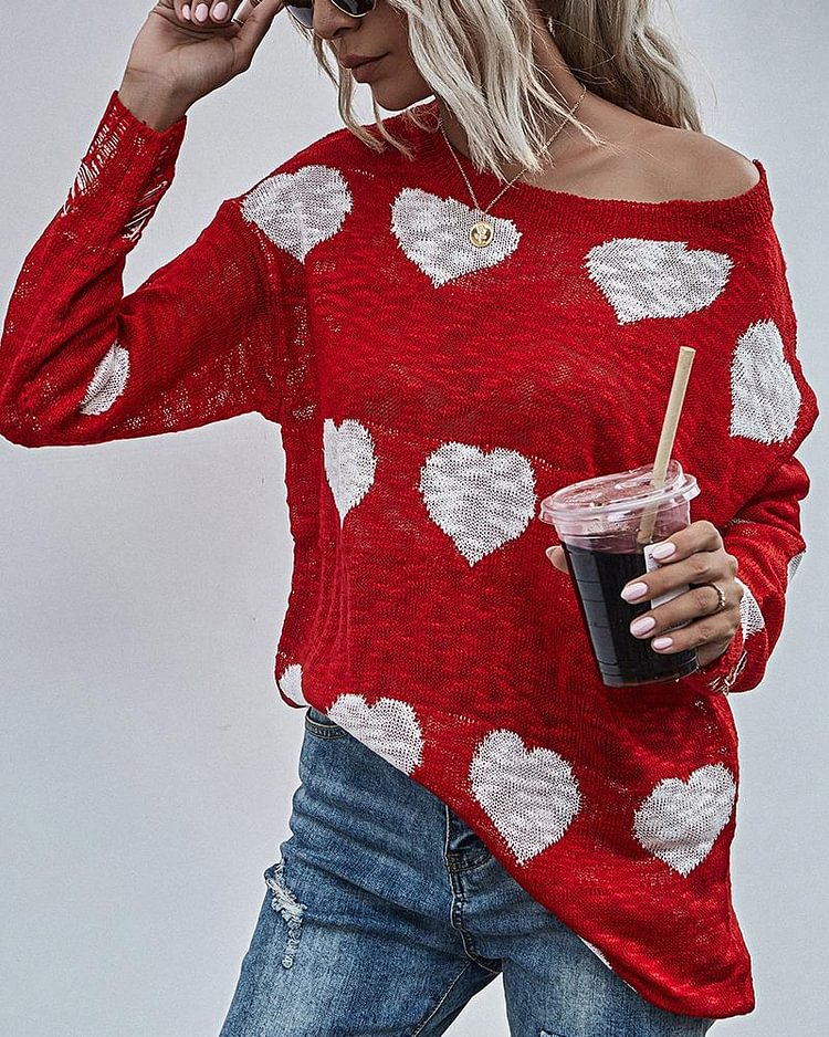 Heart Print Ripped Rib-Knit Boat Neck Sweater - Shop Trendy Women's Clothing | LoverChic