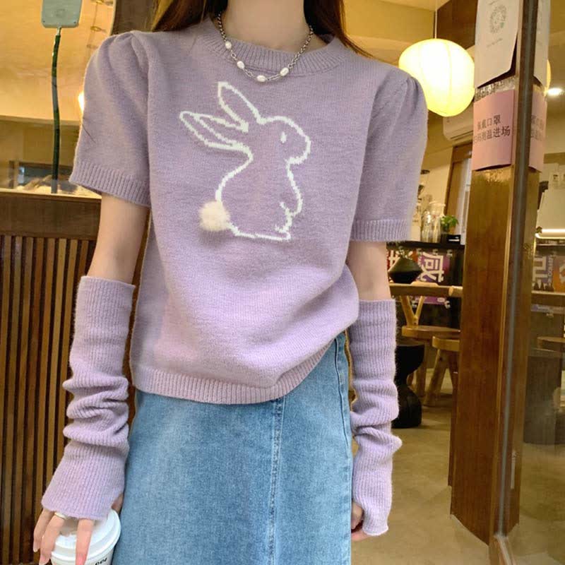 Cute Cartoon Bunny Print Knit Sweater With Removable Sleeves