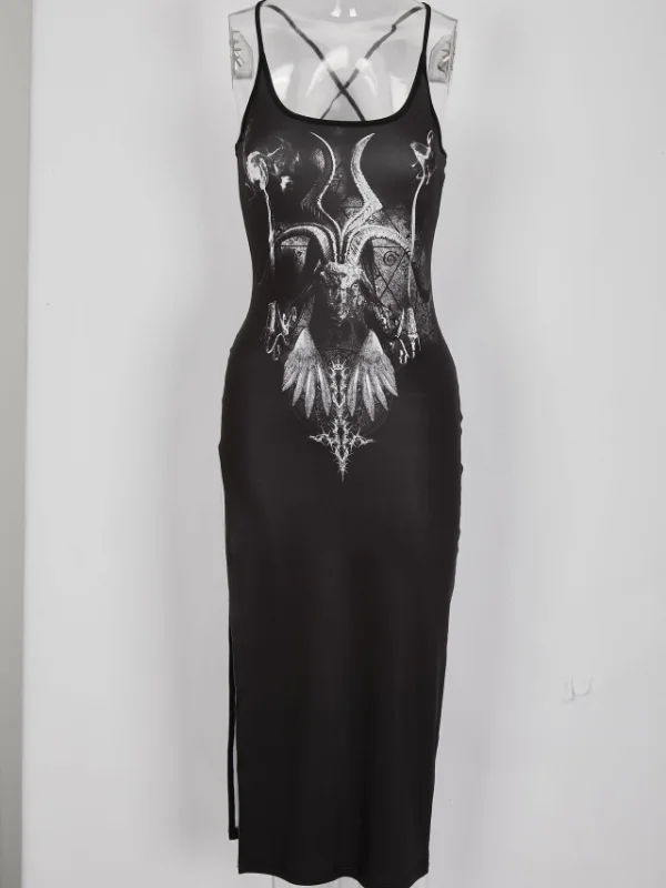 Gothic Dark Sleeveless Devil Abstract Pattern Spaghetti High-slit Midi Dress
