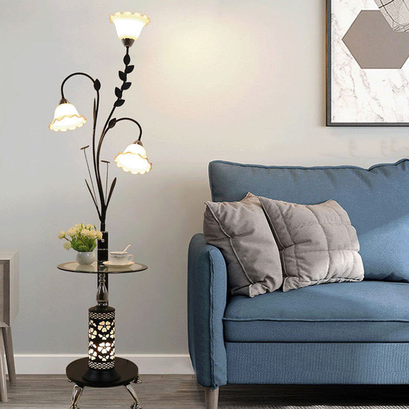 Contemporary Scandinavian Round Cylinder Flower Chandelier Iron Glass 3-Light Standing Floor Lamp For Living Room