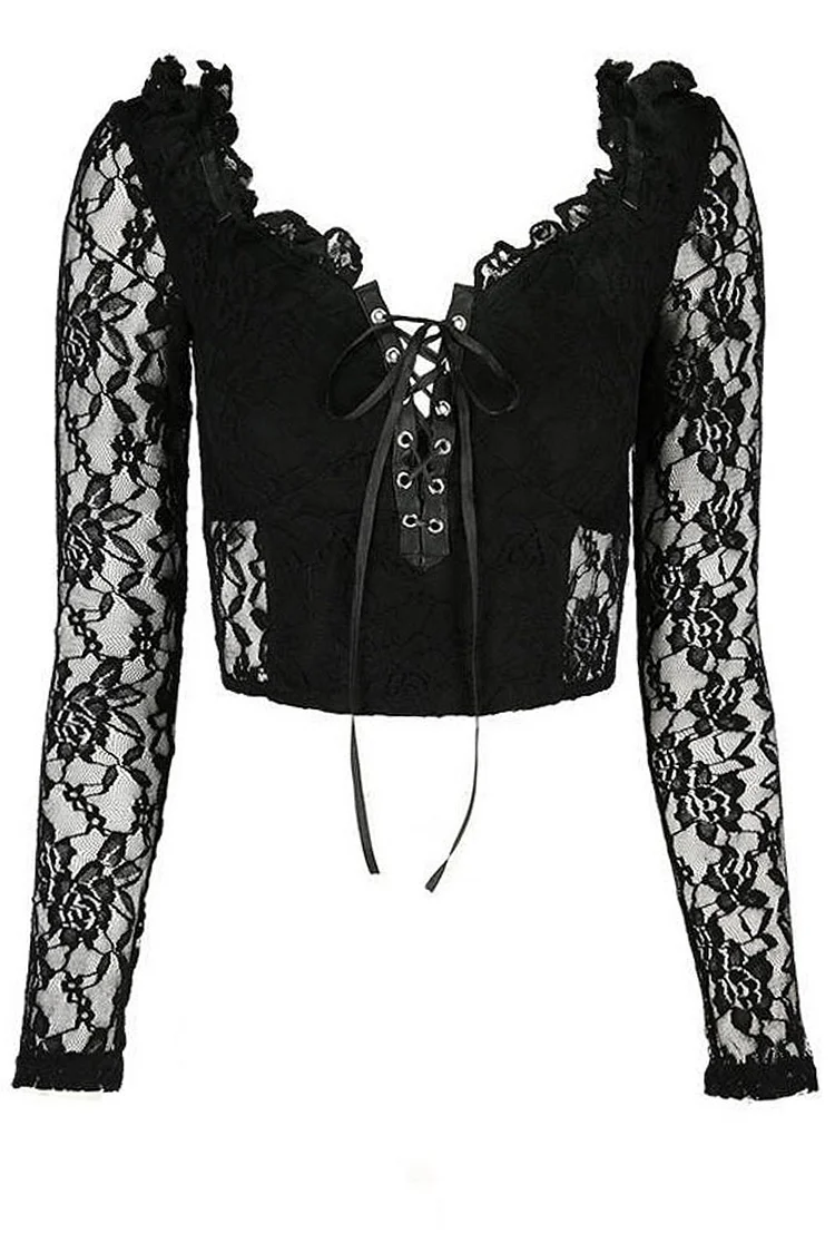 Gothic Black Casual Lace Patchwork Lace Up Solid Color Slim Fit Blouses