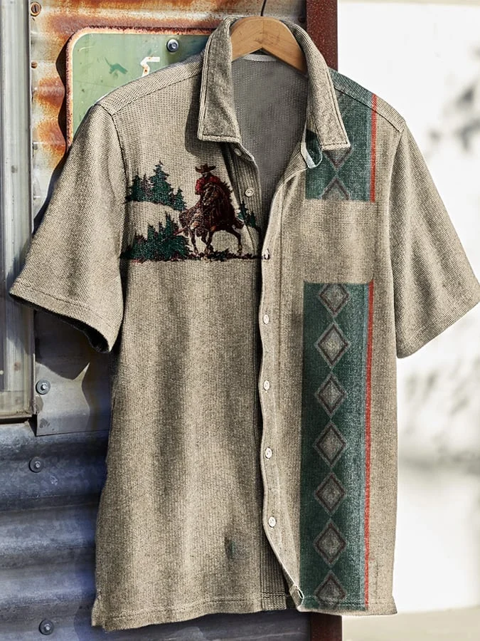 Men's Vintage Western Skull Floral Print Waffle Shirt socialshop