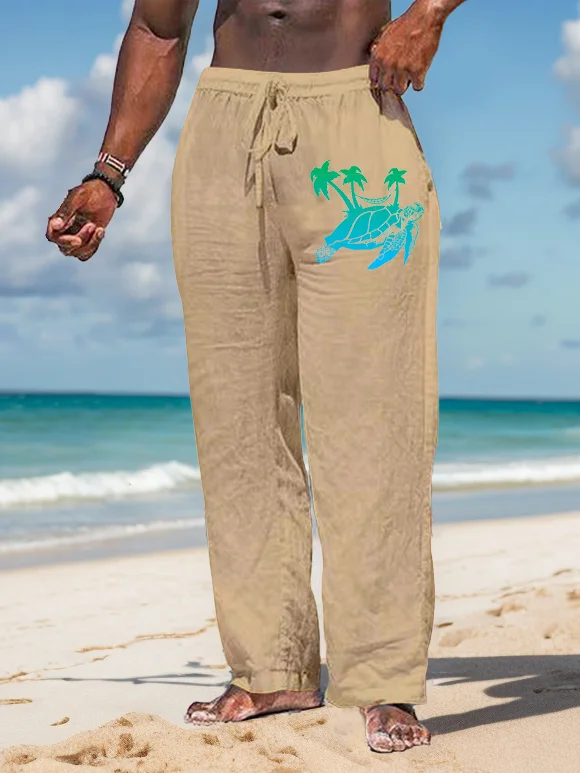 Suitmens Men's Turtle Coconut Tree Pattern Cotton And Linen Trousers