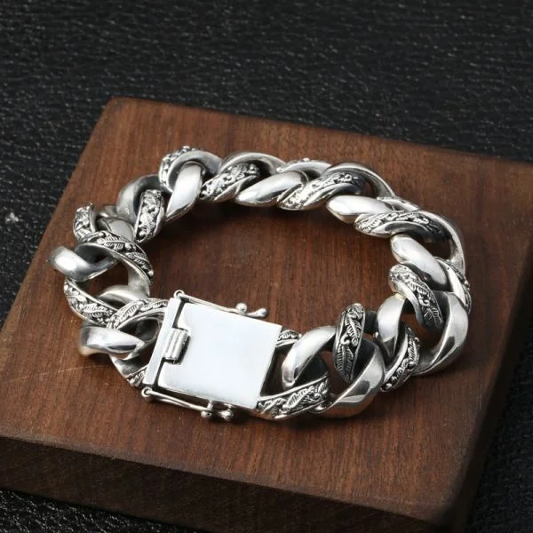 Sterling Silver Carved Curb Chain Bracelet