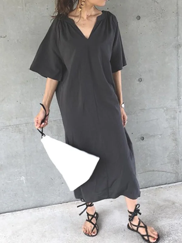 V-Neck Solid Color Straight Casual Dress