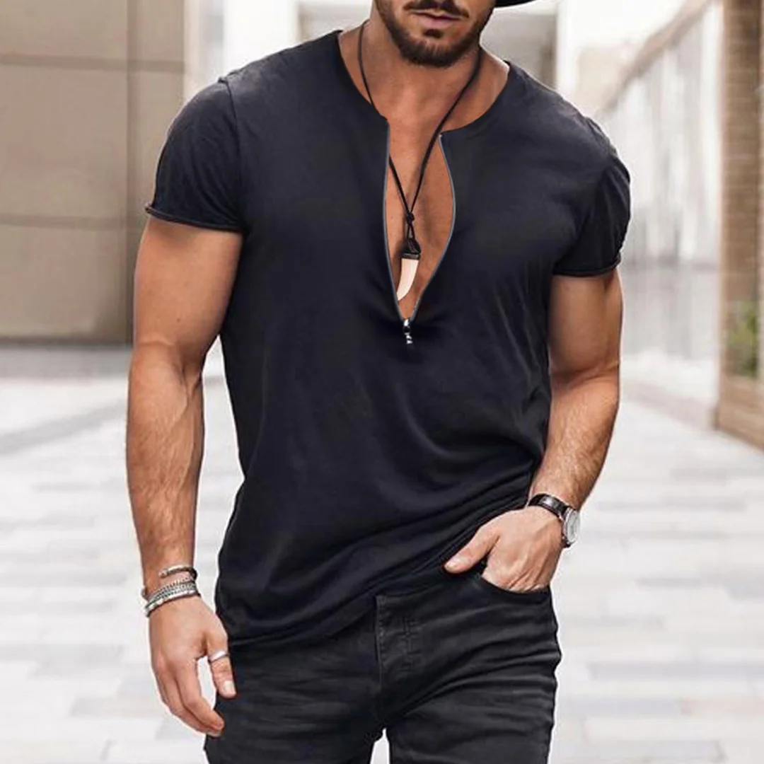 Men's V-neck Zipper Solid Color Breathable T-Shirt Casual Retro Outdoor Motorcycle Top-inspireuse