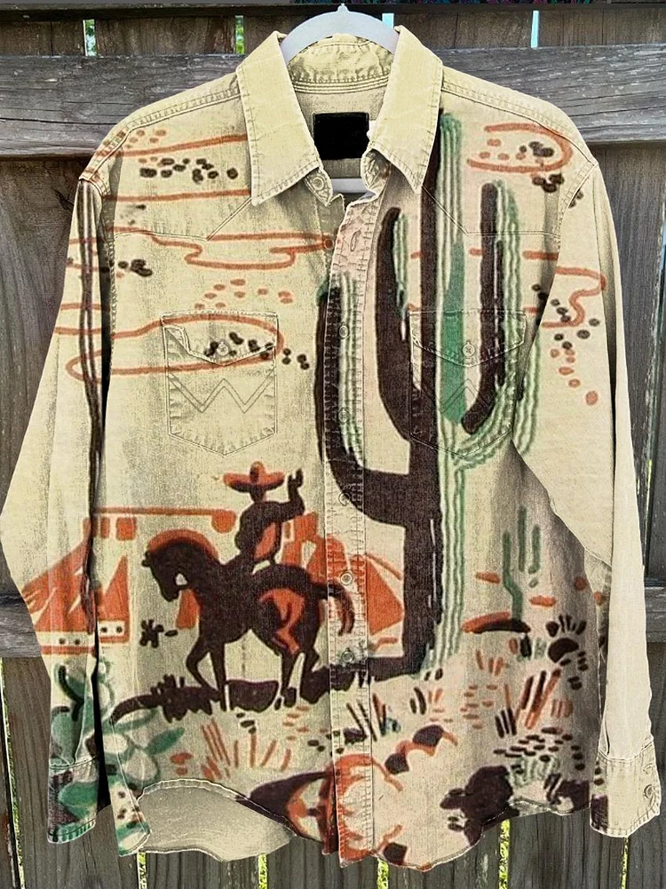 Men's Cowboy Art Vintage Stripe Print Casual Shirt