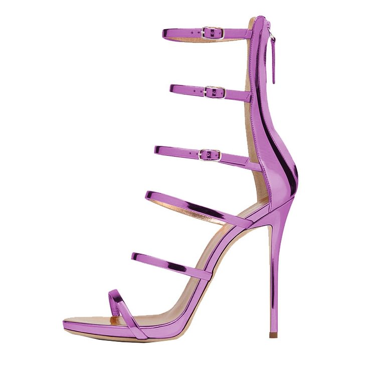 FSJ Light Purple Mirror Leather Stiletto Heels Open Toe Vegan Sandals |FSJ Shoes