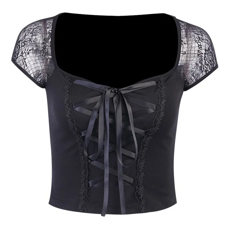 Sheer Mesh Sleeved Lace-up Fitted Tops