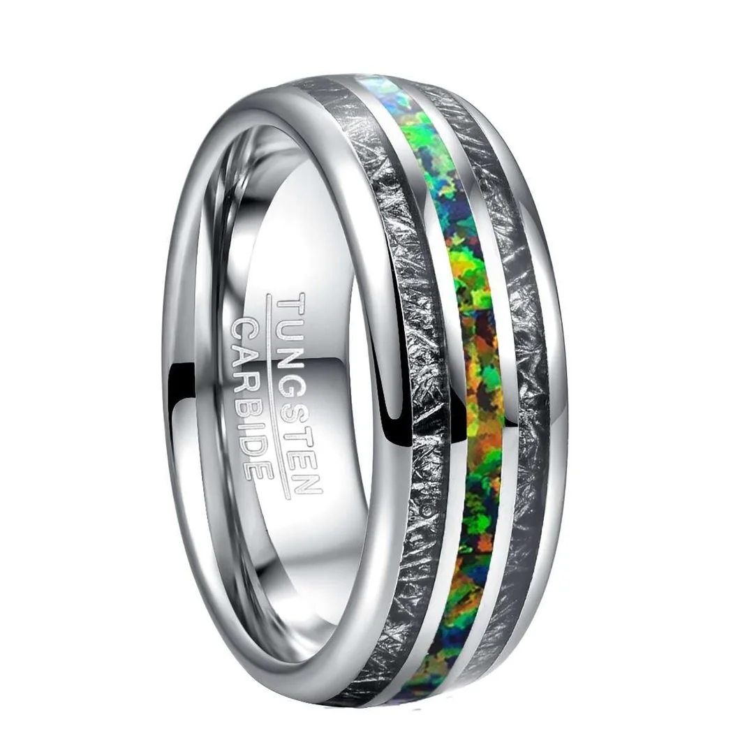 8mm Black Meteorite And Green Opal Inlay Tungsten Carbide Rings Men's Wedding Bands