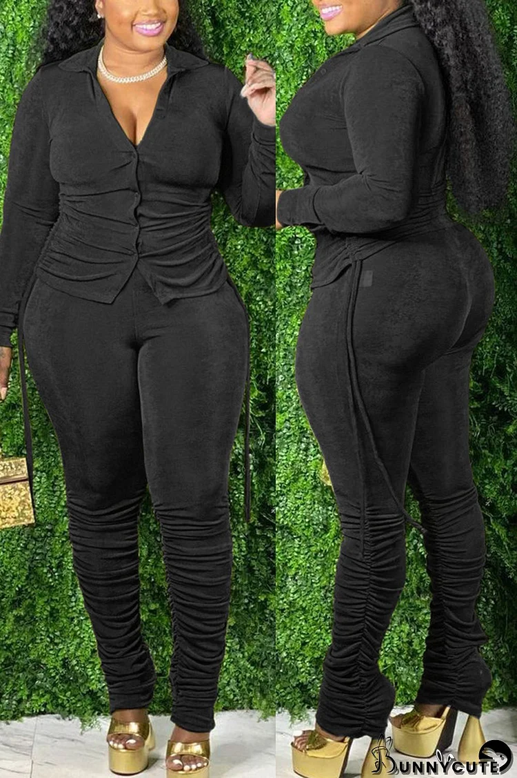 Black Casual Solid Split Joint Buckle Turndown Collar Plus Size Two Pieces