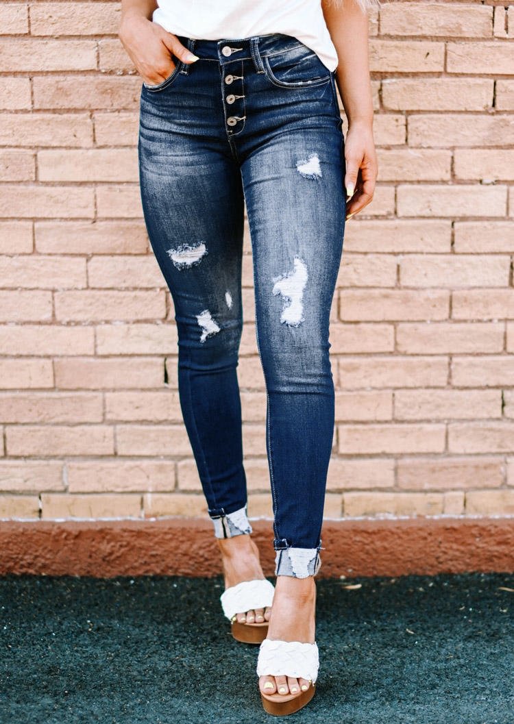 Ripped Skinny Denim Pants - Blue socialshop