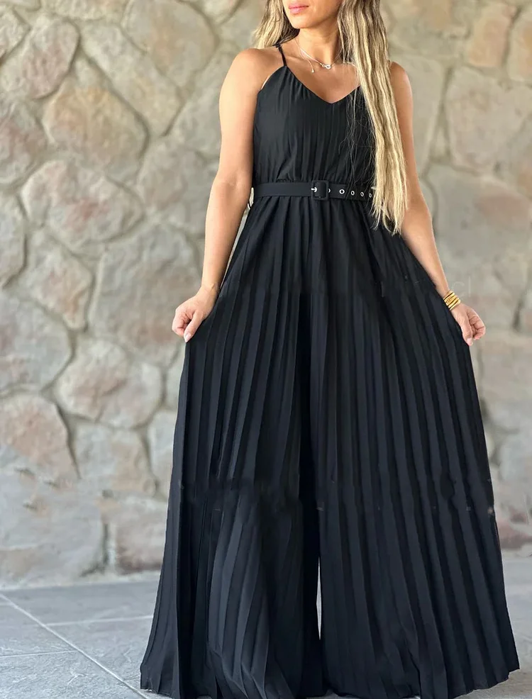 Pleated Jumpsuit Women's Casual Solid Color V-neck Fashion Suspenders Mid Waist Jumpsuit
