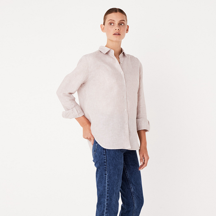 Pinstripe Long Sleeve Womens Linen Shirt-ChouChouHome