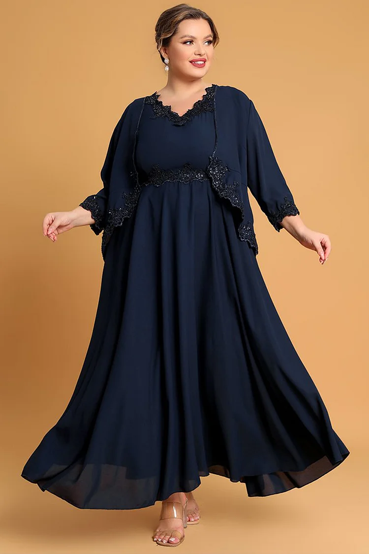 Flycurvy Plus Size Mother Of The Bride Navy Blue Beading Appliques Sequin Two Pieces Maxi Dresses With Jacket FlyCurvy Flycurvy [product_label]