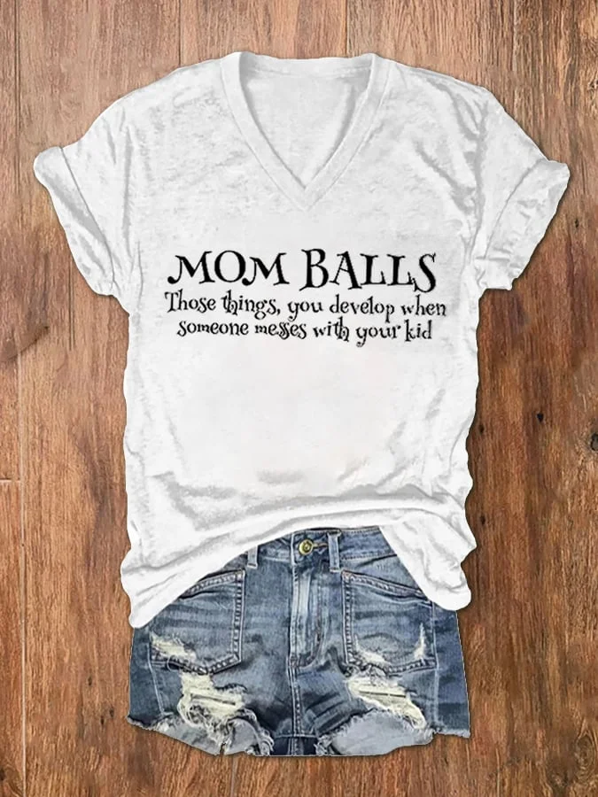 Women's Mom Balls Fun Printed V-Neck T-Shirt socialshop
