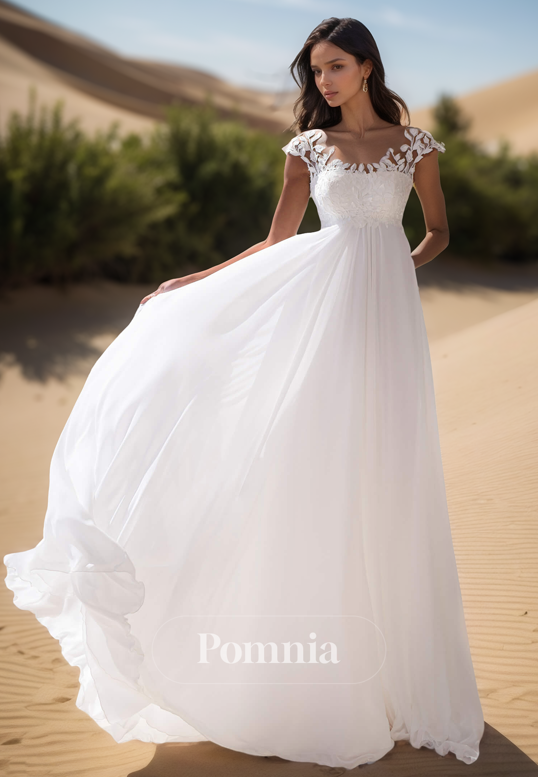 A-Line Short Sleeves Scoop Empire-Waist Lace Wedding Dress