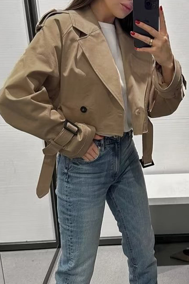 Street British Style Solid Bandage Turndown Collar Outerwear